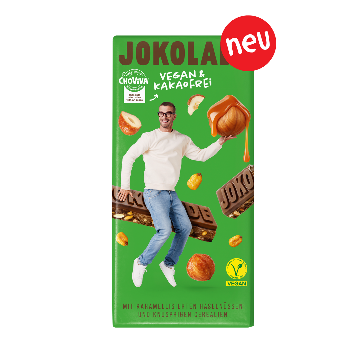 JOKOLADE mit karamellisierten Haselnüssen und knusprigen Cerealien - Vegan & Kakaofrei (1 Tafel)