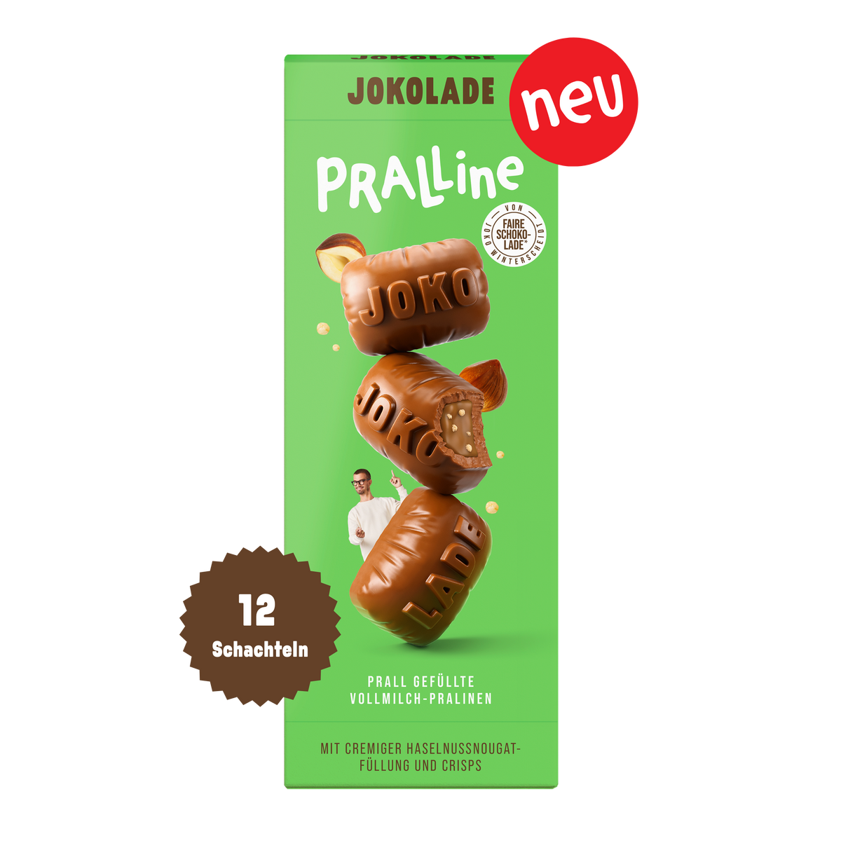 JOKOLADE PRALLINE mit cremiger Haselnussnougatfüllung und Crisps (12 Schachteln)