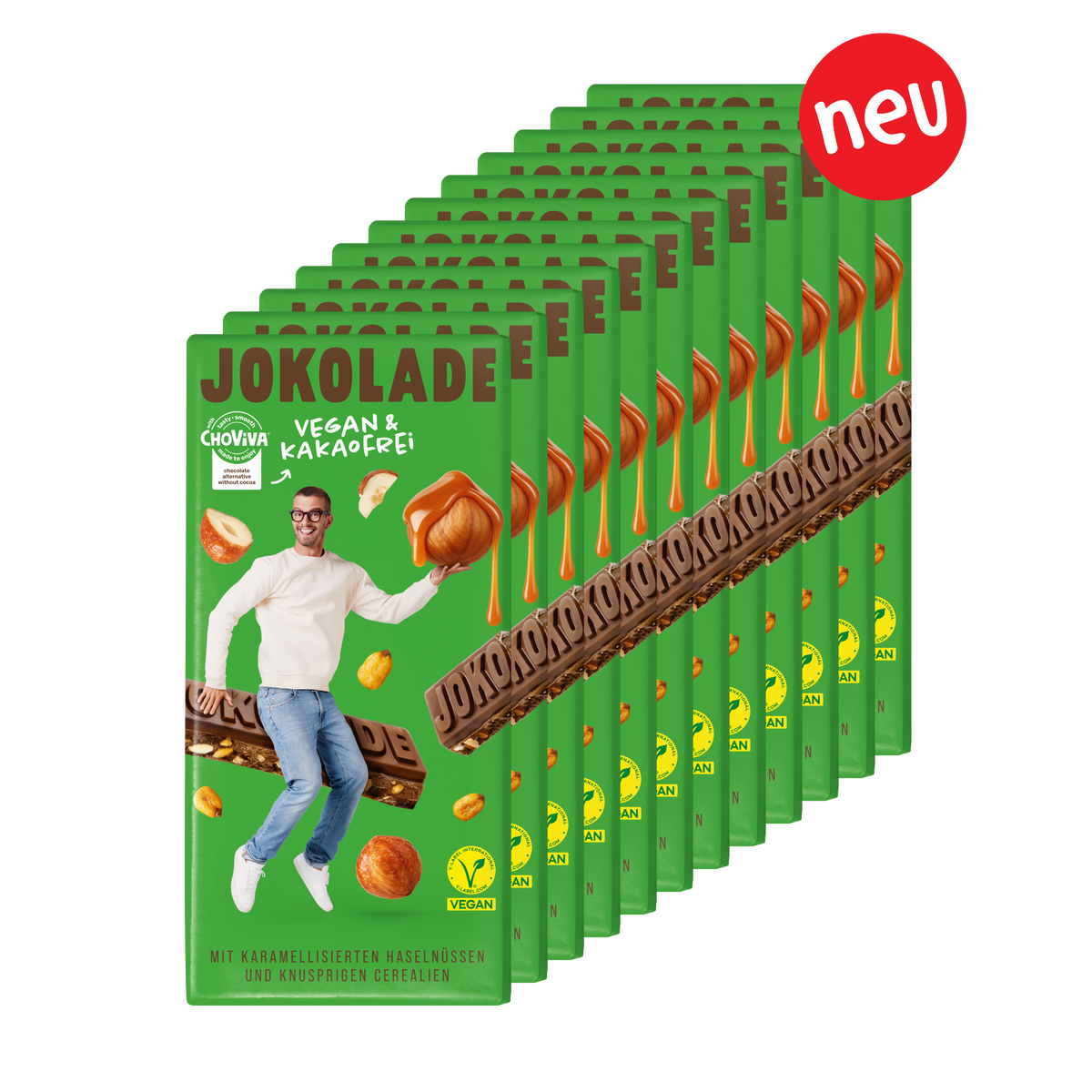 JOKOLADE mit karamellisierten Haselnüssen und knusprigen Cerealien - Vegan & Kakaofrei (12 Tafeln)