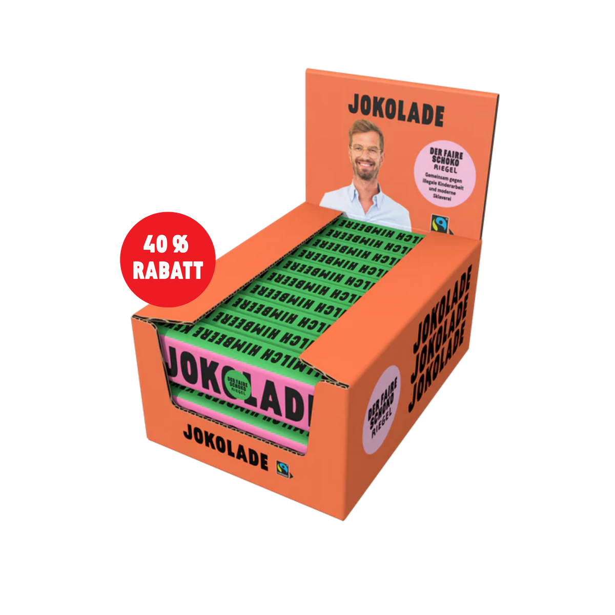 JOKOLADE Riegel Vollmilch Himbeere und Keks <br> - verkürzte Haltbarkeit <br> (20 Riegel)